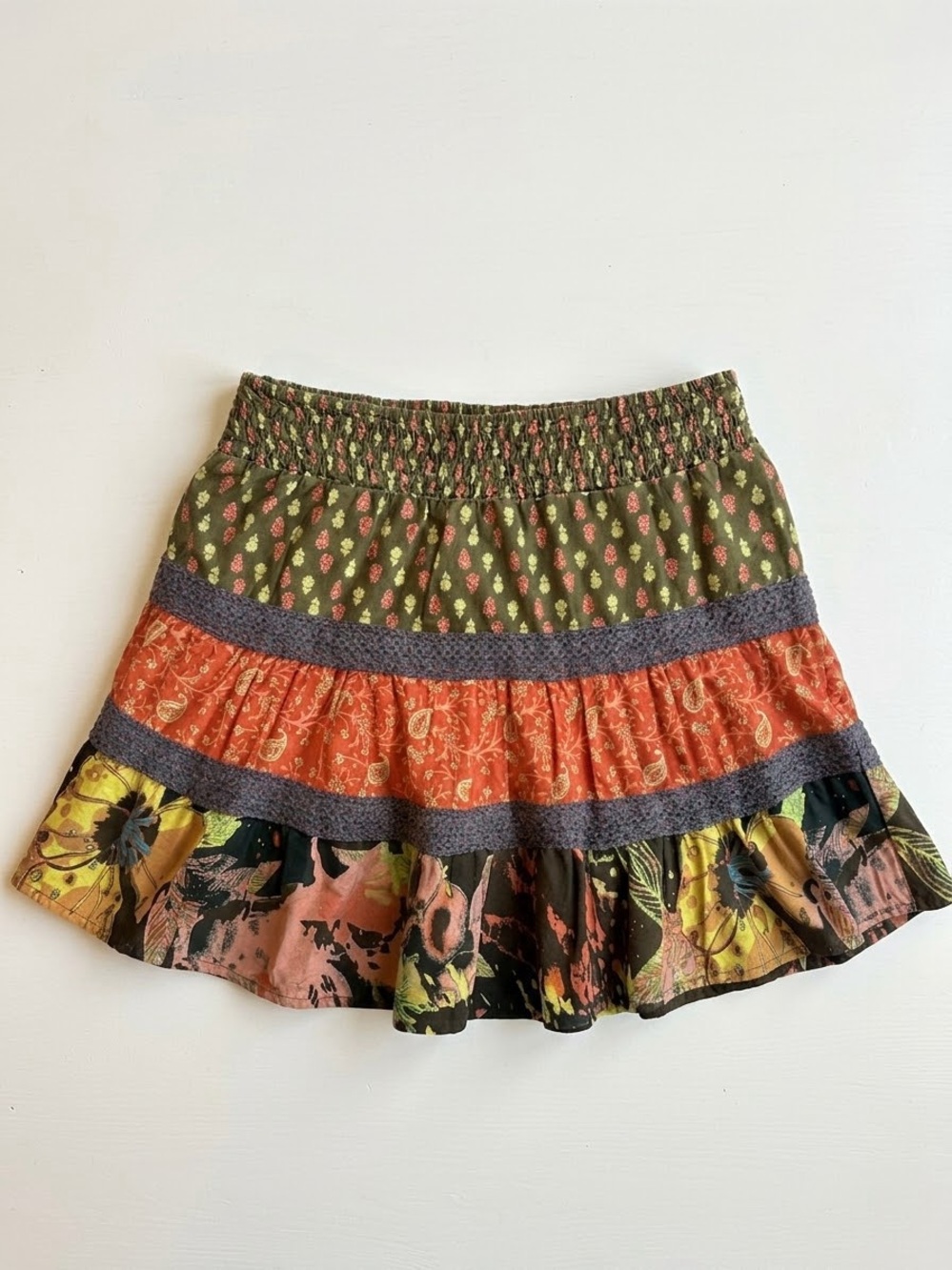 Fire Los Angeles Tiered Mini Skirt Orange Brown Green Size M Indie Boho Festival